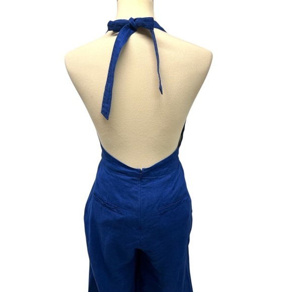 Farm Rio Blue Linen Halter Back Wide Leg Pleated Jumpsuit Women’s XS - Picture 7 of 16